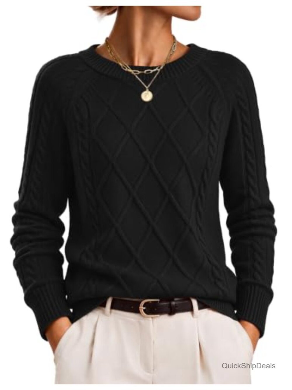 Cable Knit Crew Neck Long Sleeve Pullover Sweater Cotton Blend